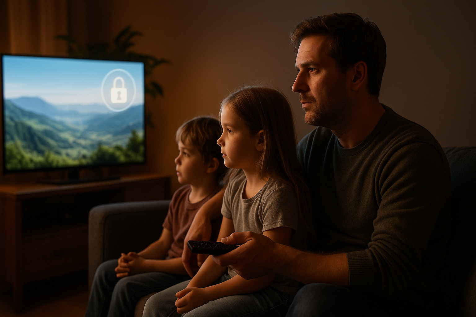 Vader met kinderen en afstandsbediening – symbool van waakzaamheid